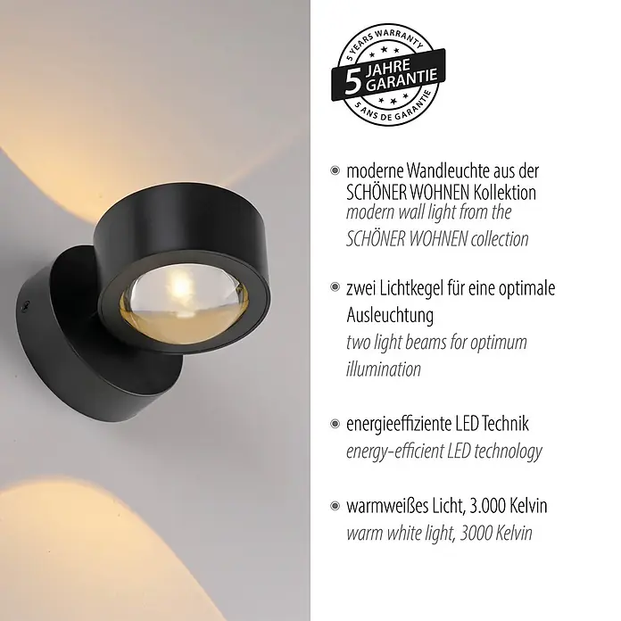 Just Light LED-Wandleuchte Chia - 2 W, L x H: 12,4 x 9 cm, Schwarz, Warmweiß - Schwarze moderne Wandleuchte mit zwei warmweißen LED-Lichtkegeln.