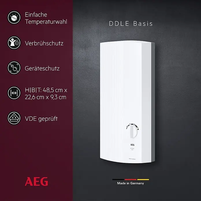 AEG Durchlauferhitzer DDLE Basis - 18/21/24 kW, Elektronisch - Weißer AEG DDLE Basis Durchlauferhitzer mit Drehregler.
