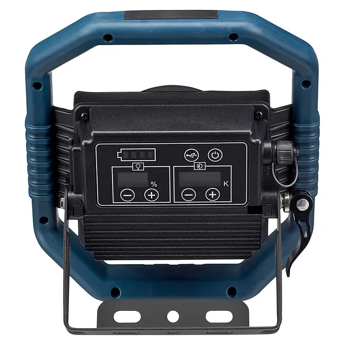 Mareld LED-Strahler Canopus 5000 - 50 W, 5.000 lm, 6.500 K, L x B x H: 33 x 11,5 x 31 cm, IP65 - Blau-schwarze, tragbare LED-Arbeitsleuchte mit Bedienfeld und verstellbarem Ständer.
