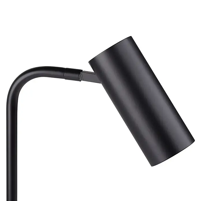 Just Light Akku-Tischleuchte Rik - L x B x H: 28 x 13 x 46 cm, Warmweiß, 2 W, IP20 - Nahaufnahme einer modernen schwarzen Metall-Schreibtischlampe mit zylindrischem Kopf an einem gebogenen Arm.