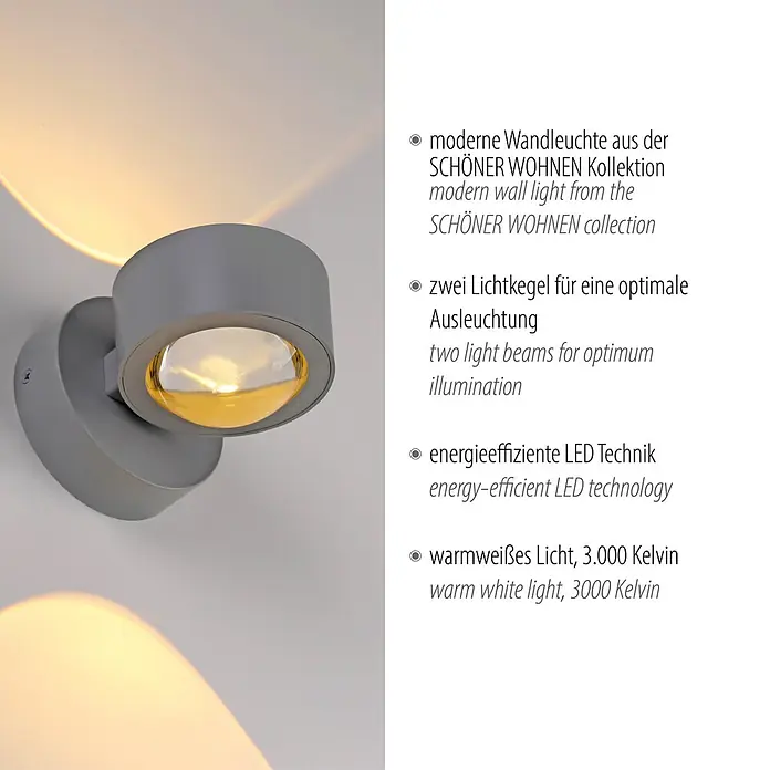 Just Light LED-Wandleuchte Chia - 2 W, L x H: 12,4 x 9 cm, Silber, Warmweiß - Moderne graue Wandleuchte aus der SCHÖNER WOHNEN Kollektion, mit zwei warmweißen LED-Lichtkegeln.