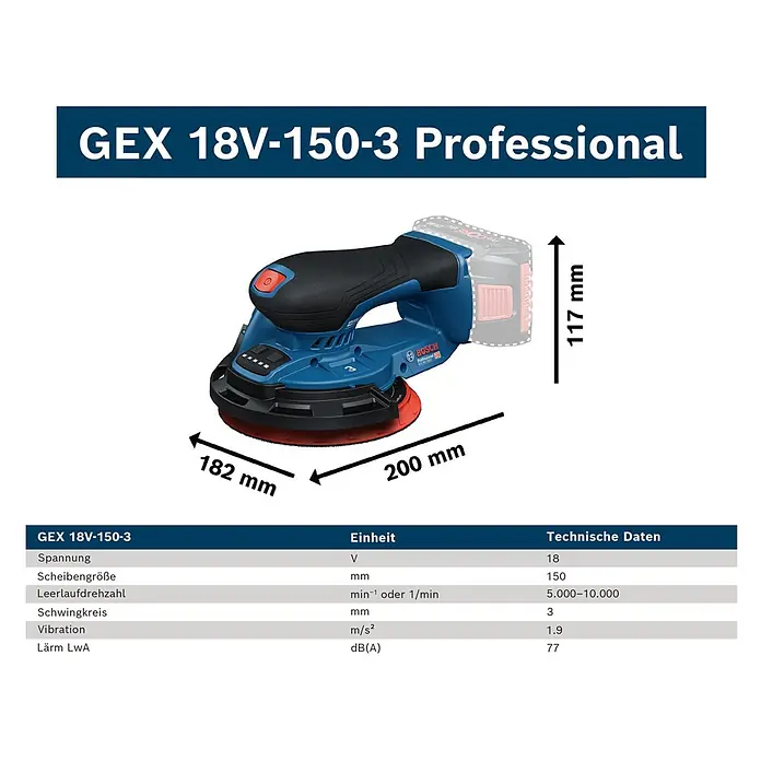 Bosch Professional AMPShare 18V Akku-Exzenterschleifer GEX 18V-150-3 - 18 V, Ohne Akku, Durchmesser Schleifteller: 150 mm - Blauer und schwarzer Bosch GEX 18V-150-3 Professional Exzenterschleifer mit rotem Schleifteller.