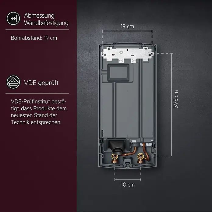 AEG Durchlauferhitzer DDLE Basis - 18/21/24 kW, Elektronisch - Dunkelgraues Wandmontage-Geräteteil mit Kupferrohren. Maße: 19 cm Breite, 39,5 cm Höhe, 10 cm Rohrabstand, 19 cm Bohrabstand.