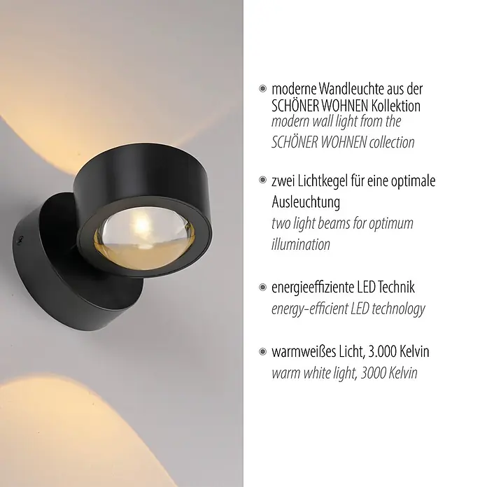 Just Light LED-Wandleuchte Chia - 2 W, L x H: 12,4 x 9 cm, Schwarz, Warmweiß - Moderne schwarze Wandleuchte mit zwei warmweißen Lichtkegeln.