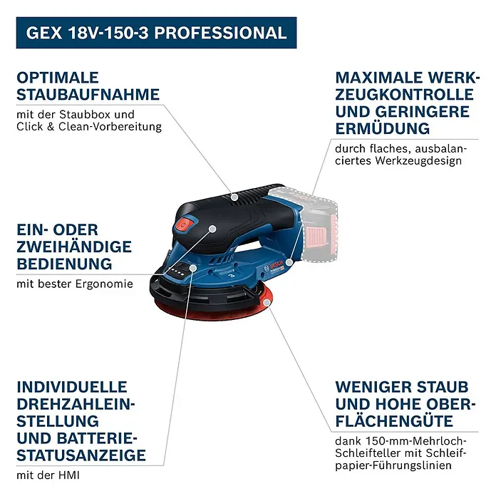 Bosch Professional AMPShare 18V Akku-Exzenterschleifer GEX 18V-150-3 - 18 V, Ohne Akku, Durchmesser Schleifteller: 150 mm - Blauer und schwarzer Bosch GEX 18V-150-3 Professional Akku-Exzenterschleifer mit rotem Schleifteller, ergonomischem Design und Staubmanagement.