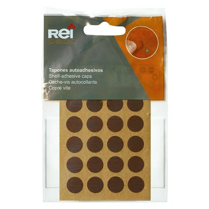 Rei Tapón embellecedor 4063 - Wengué - Imagen de un Rei Pack con tapones autoadhesivos para estantes para ocultar con estilo tornillos y agujeros, ofreciendo un acabado limpio.