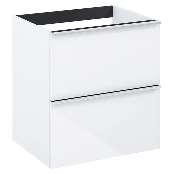 Riva Moon Waschtischunterschrank - B x T x H: 60 x 45,3 x 63,5 cm, Weiß - Weißer hochglänzender Badezimmerschrank mit zwei Schubladen und integrierten schwarzen Griffen.