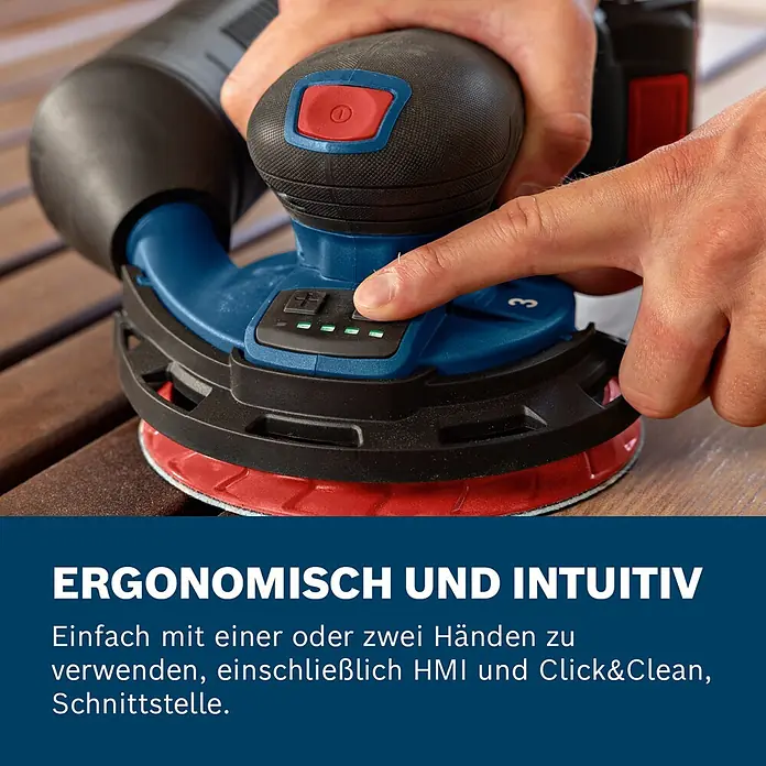 Bosch Professional AMPShare 18V Akku-Exzenterschleifer GEX 18V-150-3 - 18 V, Ohne Akku, Durchmesser Schleifteller: 150 mm - Hand bedient blauen und schwarzen Exzenterschleifer mit rotem Schleifteller auf Holz. Intuitive Bedienelemente sind sichtbar.