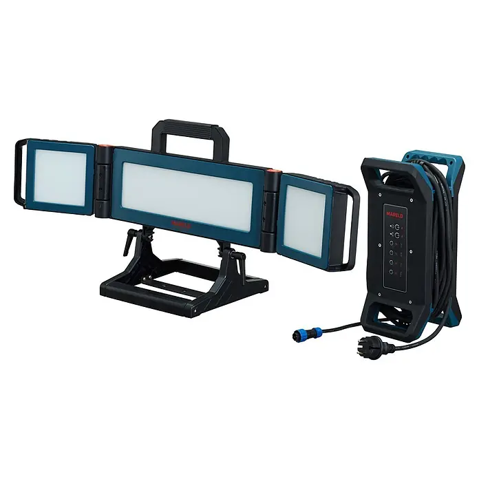 Mareld LED-Strahler Vapor 20000 App & Sensor - 200 W, 20.000 lm, 6.500 K, L x B x H: 43 x 6,7 x 32 cm, IP65 - Blau-schwarze, tragbare LED-Arbeitsleuchte mit verstellbarem Ständer und separater Stromversorgungs-/Kabelrolle.