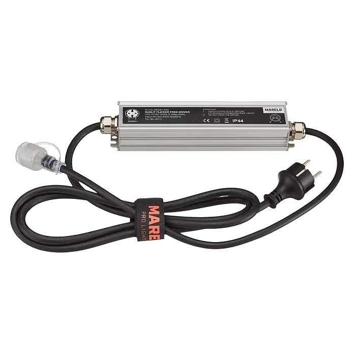Mareld LED-Trafo Sunlit - Länge: 23 cm, 400 W - Silberner LED-Streifen-Treiber mit schwarzen Kabeln, transparentem Stecker und schwarzem EU-Stecker, gebündelt mit einem gebrandeten Klettband.