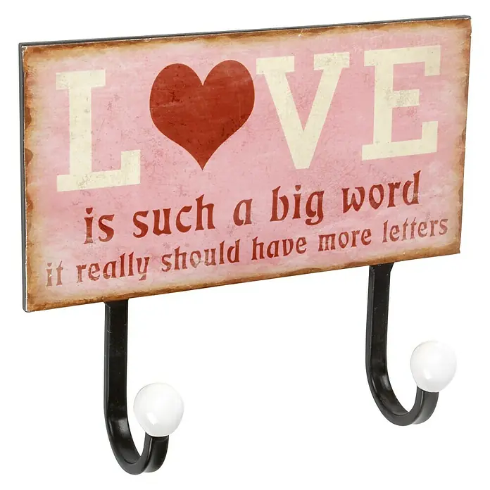 Rei Perchero Love - L x An x Al: 23 x 195 x 65 cm, Metal - Perchero de pared con el texto "LOVE is such a big word" y dos ganchos con pomos blancos.