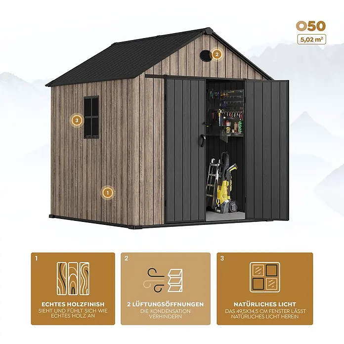 Hoggar Gartenhaus Oak - Außenmaß inkl. Dachüberstand (B x T): 223 x 222 cm, Kunststoff, Braun, 5,02 m² - Gartenhaus in Holzoptik und Anthrazit, mit Lüftungen und Fenster. 5,02m² Stauraum mit geöffneten Türen.