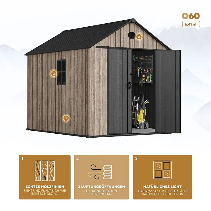 Hoggar Gartenhaus Oak - Außenmaß inkl. Dachüberstand (B x T): 226 x 283 cm, Kunststoff, Braun, 6,41 m² - Gartenhaus in Holzoptik mit schwarzem Dach, Doppeltüren, Fenster und Lüftung. Bietet Echtholz-Finish und 6,41 m² Stauraum.