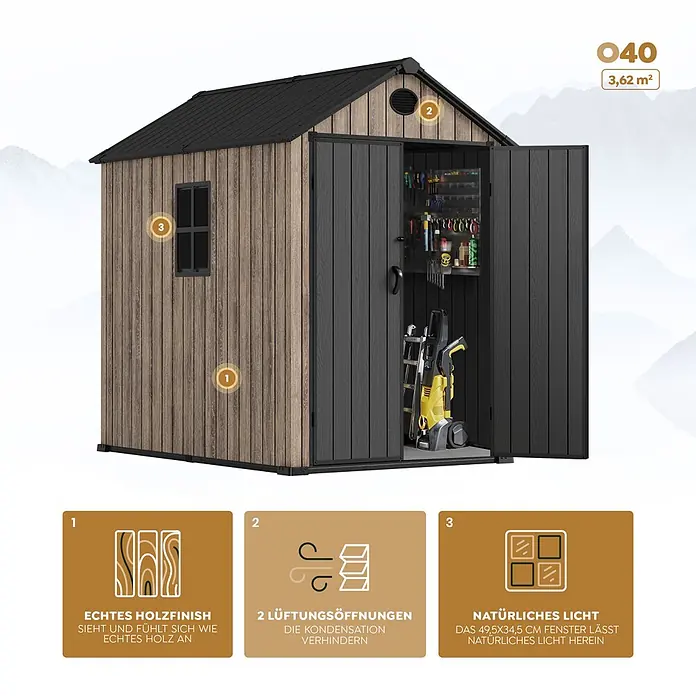 Hoggar Gartenhaus Oak - Außenmaß inkl. Dachüberstand (B x T): 164 x 222 cm, Kunststoff, Braun, 3,62 m² - Gartenhaus in Holzoptik mit dunklen Paneelen, schwarzem Dach und offenstehender Tür, die Werkzeuge im Inneren zeigt. Mit Fenster und Belüftung.
