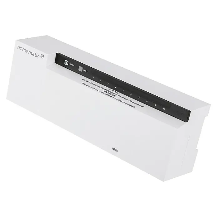 Homematic IP Fußbodenheizungsregler HmIP-FAL230-C10 - 52 x 225 x 75 mm, Funk, 230 V - Das Homematic IP Gerät mit Bedienelementen und Warnhinweis vor Entfernung der Abdeckung.
