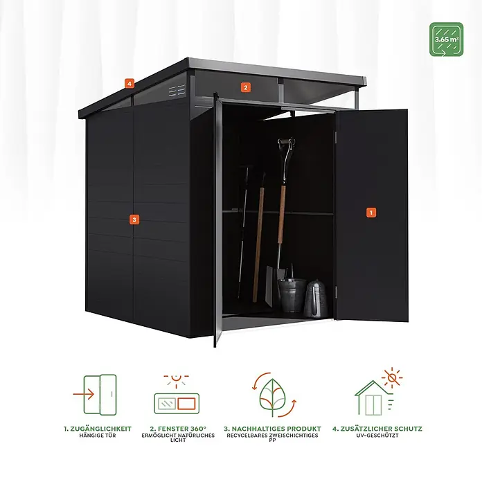 Hoggar Gartenhaus Nova - Außenmaß inkl. Dachüberstand (B x T): 190 x 192 cm, Kunststoff, Schwarz - Dunkelgrauer Geräteschuppen mit offenen Türen, zeigt Innenraum und Gartengeräte. Hervorgehobene Merkmale: Zugang, Tageslicht, Recyclingmaterial, UV-Schutz.