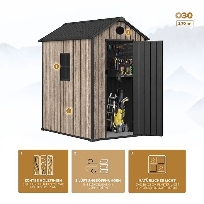 Hoggar Gartenhaus Oak - Außenmaß inkl. Dachüberstand (B x T): 147 x 179 cm, Kunststoff, Braun, 2,7 m² - Gartenschuppen mit Holzoptik-Paneelen, dunklem Dach, offener Tür mit Werkzeugen, Fenster und Belüftung. Größe 2,70 m².