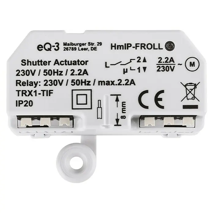 Homematic IP Rollladenschalter HmIP-FROLL - Unterputz, 54 x 41 x 33 mm, Funk - Abbildung eines eQ-3 HmIP-FROLL Rollladenaktor mit technischen Daten und Zertifizierungen, ideal für Smart Home Anwendungen.