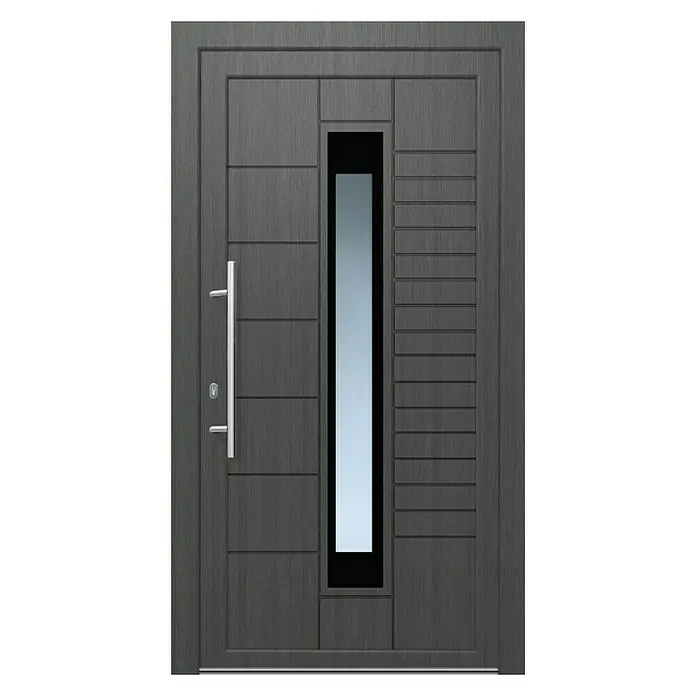 Solid Elements Haustür KT-541 - 110 x 210 cm, DIN Anschlag: Links, Fenstergrau/Verkehrsweiß - Moderne Haustür aus grauem Holz mit vertikalem Fenster und silbernem Griff. Stilvolle Eingangstür für ein modernes Zuhause.