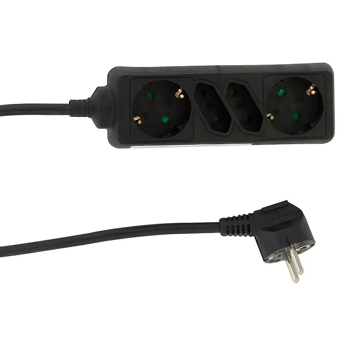 Base de enchufe múltiple - 2 conexiones Schuko, Negro, Longitud del cable: 1,4 m, Sin interruptor, Número de enchufes Schuko: 2 ud. - Regleta de tres enchufes con enchufe de seguridad y cable, ideal para uso en el hogar y la oficina.