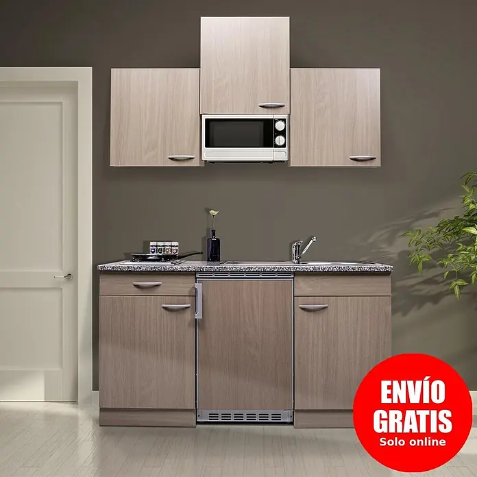 Respekta Cocina compacta Gerda - 150 cm, Con placa de cocina doble, Marrón - Mueble de cocina compacto con armarios de madera clara, microondas integrado, fregadero y lavavajillas.