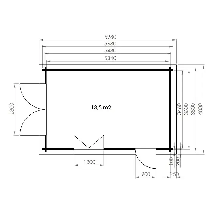 Alpholz Garage A 70 - Holz, Naturbelassen, Schutz-Imprägnierung:Ohne Schutz-Imprägnierung - Grundriss einer Holzhütte mit Maßen (ca. 5,98m x 4m) und einer Innenfläche von 18,5 m2 sowie Türpositionen.