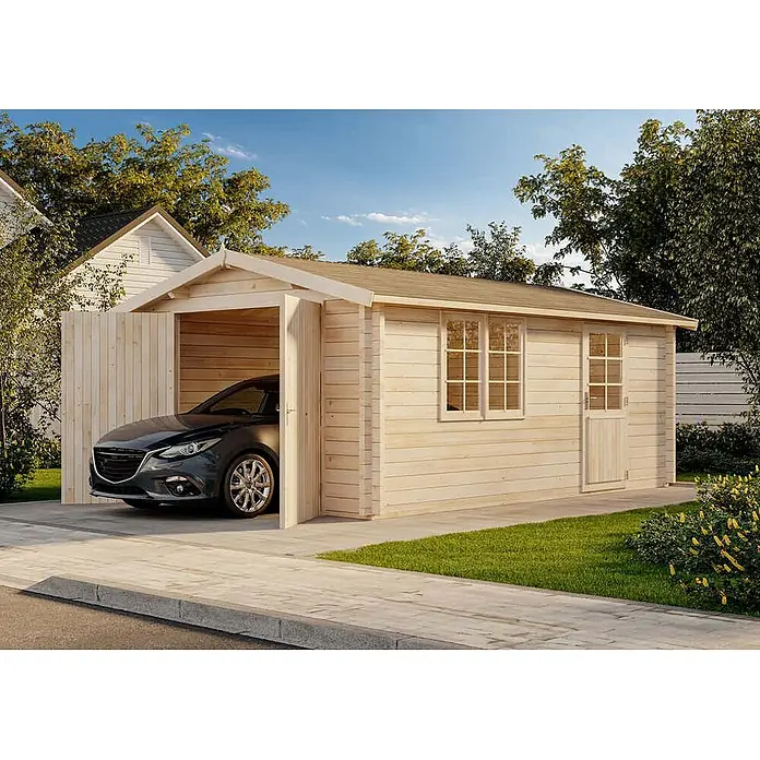 Alpholz Garage A 70 - Holz, Naturbelassen, Schutz-Imprägnierung:Ohne Schutz-Imprägnierung - Helle Holzgarage und Carport-Kombination mit einem teilweise geparkten Auto in Wohnumgebung.