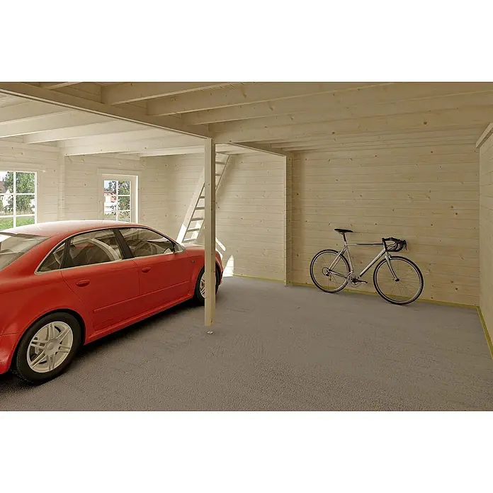 Alpholz Garage Bora 70 - Holz, Naturbelassen, Schutz-Imprägnierung:Ohne Schutz-Imprägnierung - Helle Holzgarage innen mit rotem Auto, Fahrrad und sichtbaren Balken. Naturlicht durch Fenster.