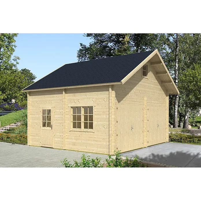 Alpholz Garage Bora 70 - Holz, Naturbelassen, Schutz-Imprägnierung:Ohne Schutz-Imprägnierung - Helle Holz-Blockhausgarage mit dunklem Dach, Seitentür, Fenstern und zwei großen Garagentoren, in natürlicher Umgebung.