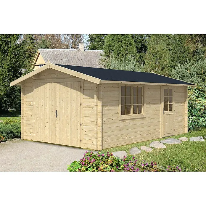 Alpholz Garage A 70 - Holz, Naturbelassen, Schutz-Imprägnierung:Ohne Schutz-Imprägnierung - Holzgartenhaus mit schwarzem Dach, Doppeltoren, einem Fenster und Seitentür, in natürlicher Umgebung.