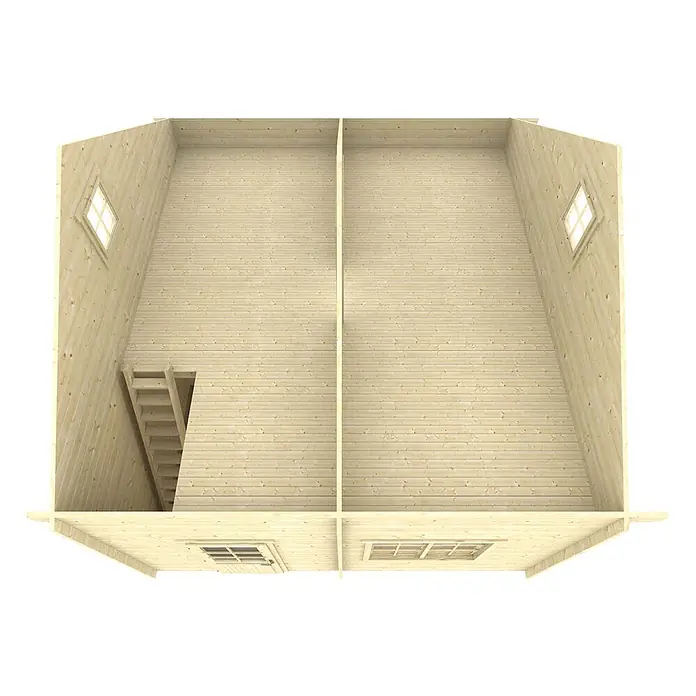 Alpholz Garage Bora 70 - Holz, Naturbelassen, Schutz-Imprägnierung:Ohne Schutz-Imprägnierung - Innenansicht von oben eines hellen Holzblockhauses mit Trennwand, Fenstern und Treppe.