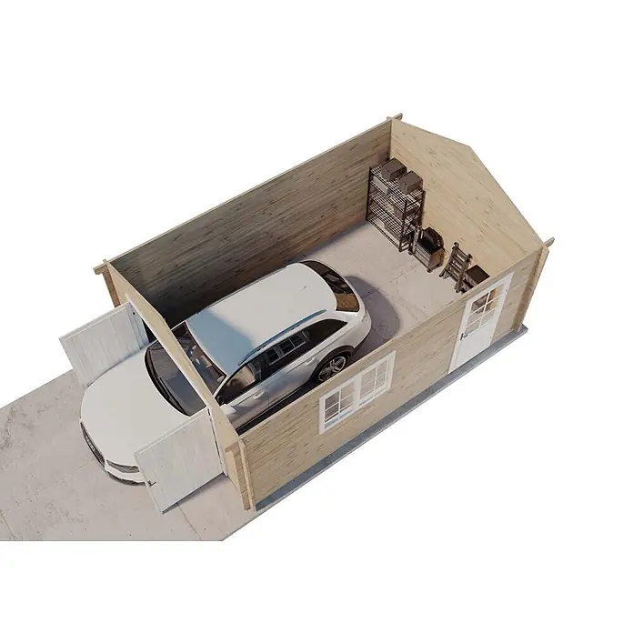 Alpholz Garage A 70 - Holz, Naturbelassen, Schutz-Imprägnierung:Ohne Schutz-Imprägnierung - Helle Holzgarage mit weißem Auto, Lagerregalen und Werkzeugen.