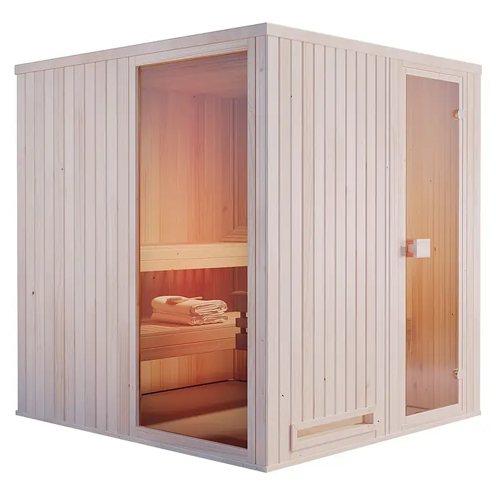FinnTherm Massivholzsauna Miranda -  - Helle Holzsaunakabine mit großer Glastür, die Sitzbänke und Handtücher im Inneren zeigt.