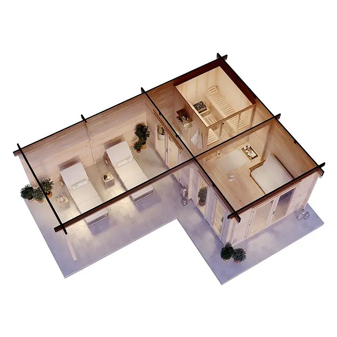FinnTherm Saunahaus Quinta - L x B x H: 520 x 72 x 243 cm - L-förmiges Holzgebäude mit Sauna, Massageliegen und Ruheraum.