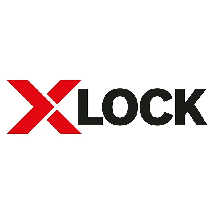 Bosch Professional X-Lock Elektro-Winkelschleifer GWX 14-125 - 1.400 W, Durchmesser Scheibe: 125 mm, Leerlaufdrehzahl: 11.000 U/min - Das X-Lock-Logo, eine Marke für Werkzeuge und Zubehör, zeigt ein stilisiertes, rotes "X" gefolgt von dem Wort "LOCK" in Schwarz.