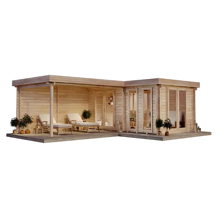 FinnTherm Saunahaus Quinta - L x B x H: 520 x 72 x 243 cm - L-förmiges helles Holzgartenhaus mit überdachter Terrasse, Liegestühlen und Glastüren.