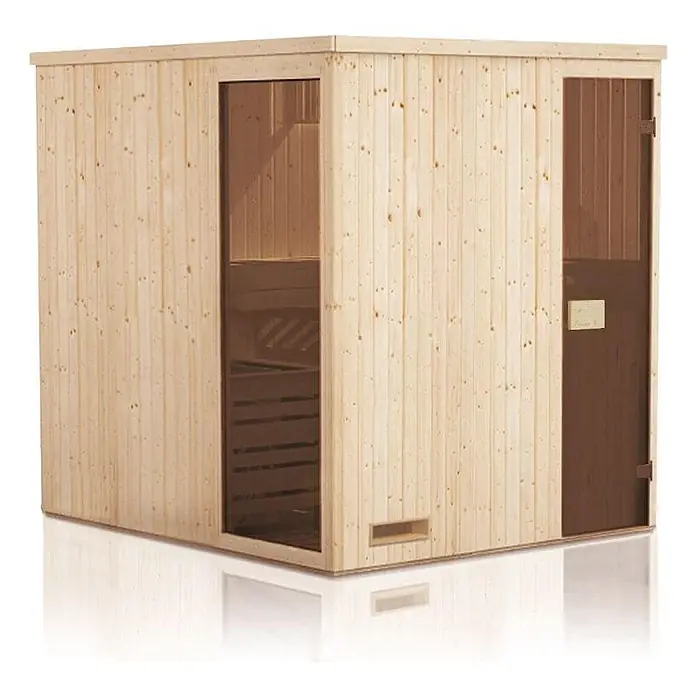 FinnTherm Massivholzsauna Miranda -  - Ecksauna aus hellem Holz mit dunkler Glasscheibe und passender Holztür.