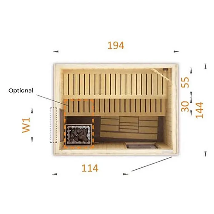 FinnTherm Massivholzsauna Miranda -  - Grundriss einer Holzsaunakabine von oben mit Bänken, Ofen und Maßen. Ein optionales Paneel ist neben dem Ofen dargestellt.
