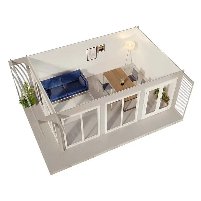 Alpholz Gartenhaus Viva B - Außenmaß inkl. Dachüberstand (B x T): 668 x 472 cm, Holz, Naturbelassen - Heller Holz-Modulgartenraum mit Terrasse und Glasschiebetüren, eingerichtet mit Sofa und Esstisch.
