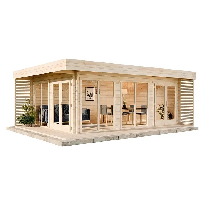 Alpholz Gartenhaus Viva B - Außenmaß inkl. Dachüberstand (B x T): 670 x 482 cm, Holz, Pinie - Helles Holz Gartenhaus mit Glastüren, integrierter Terrasse und Inneneinrichtung für Wohn- und Essbereiche.