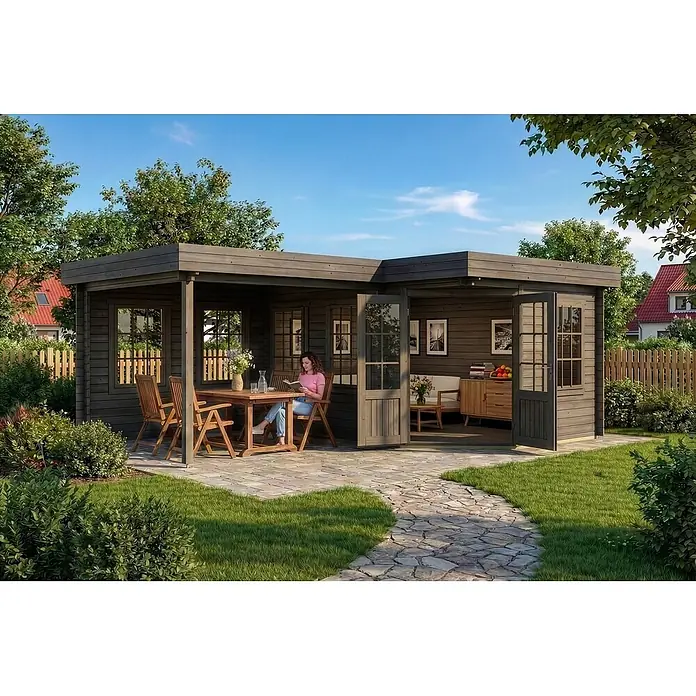 Alpholz Gartenhaus ECO Set Pepe grau - Außenmaß inkl. Dachüberstand (B x T): 618 x 462 cm, Holz, Grau - L-förmiges Gartenhaus aus dunklem Holz mit offenen Türen, einer Frau, die draußen liest, und gemütlichem Interieur.
