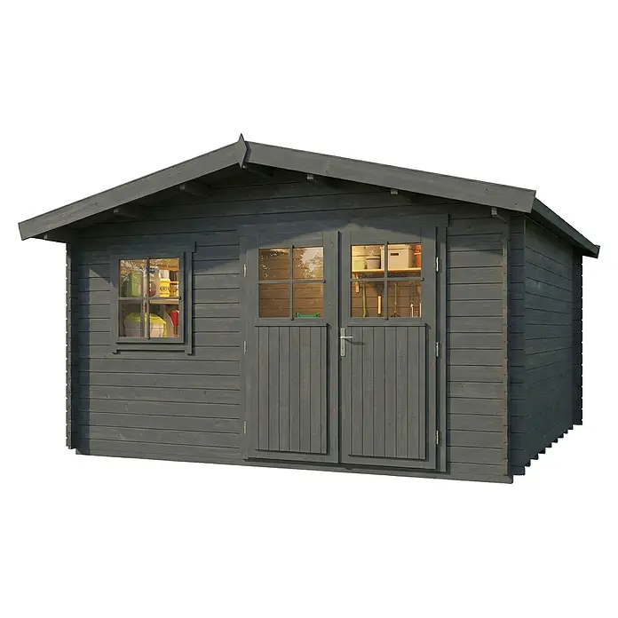 Alpholz Gartenhaus ECO Set Valeria grau - Außenmaß inkl. Dachüberstand (B x T): 438 x 427 cm, Holz, Grau - Dunkelgrauer Holz-Gartenschuppen mit Fenstern und Doppeltüren, ideal zur Lagerung.
