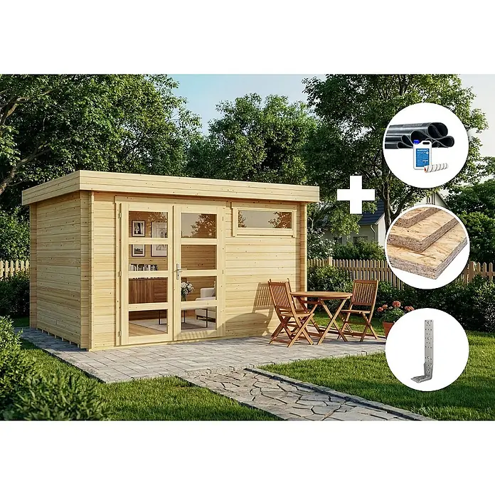 Alpholz Gartenhaus ECO Set Leandro - Außenmaß inkl. Dachüberstand (B x T): 394 x 268 cm, Holz, Naturbelassen - Hölzernes Gartenhaus mit Flachdach und Glastüren auf einer Terrasse, abgebildet mit Baumaterialien wie Rohren, Holzplatten und einem Metallwinkel.