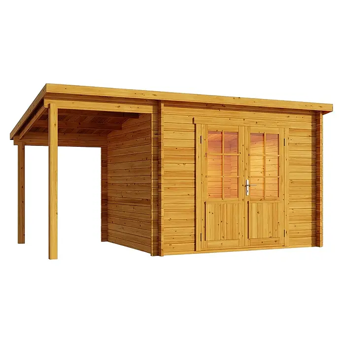 Alpholz Gartenhaus Maria 40mm Wandstärke - Außenmaß inkl. Dachüberstand (B x T): 450 x 272 cm, Holz, Pinie - Heller Holzgartenhaus mit überdachter Veranda und doppelt verglasten Türen.