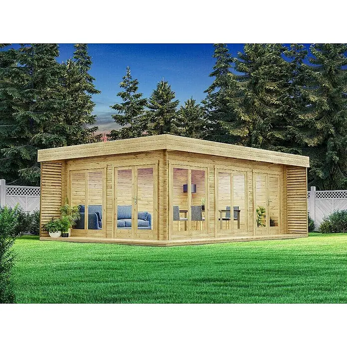 Alpholz Gartenhaus Viva B - Außenmaß inkl. Dachüberstand (B x T): 670 x 482 cm, Holz, Pinie - Modernes Gartenhaus aus hellem Holz mit großen Glastüren.