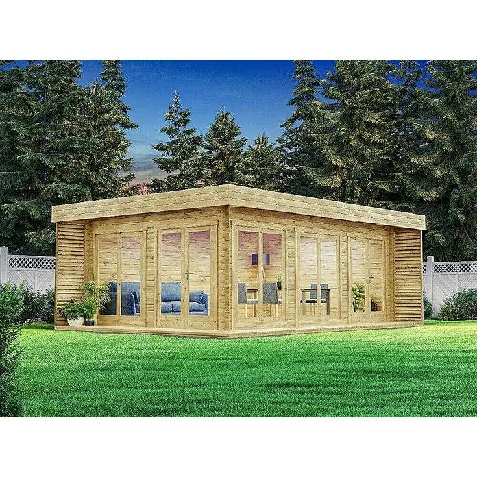 Alpholz Gartenhaus Viva B - Außenmaß inkl. Dachüberstand (B x T): 670 x 482 cm, Holz, Pinie - Modernes helles Holz-Gartenbüro mit großen Glastüren.