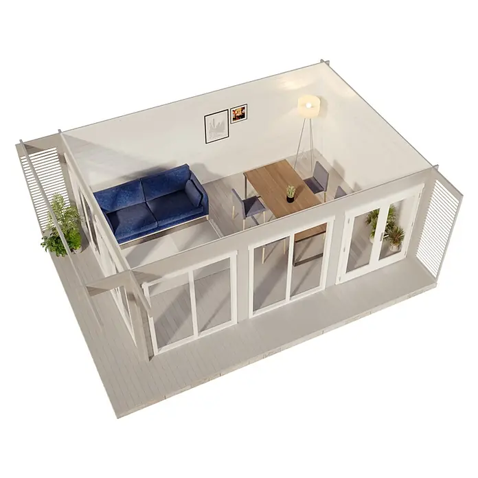 Alpholz Gartenhaus Viva B - Außenmaß inkl. Dachüberstand (B x T): 670 x 482 cm, Holz, Naturbelassen - Weißes Holz-Gartenzimmer mit offenem Dach, ausgestattet mit einem Wohnbereich mit blauer Couch und Essgruppe sowie einer Außenterrasse mit Pflanzen.
