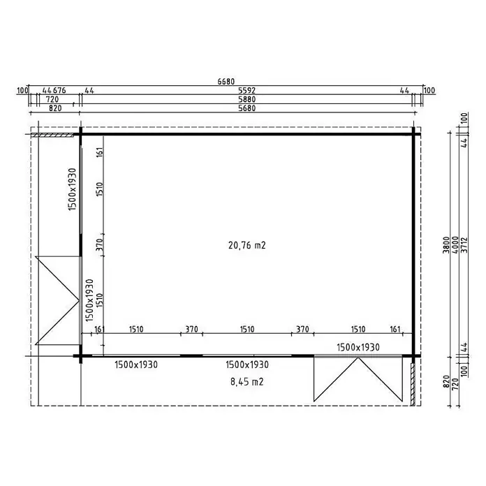 Alpholz Gartenhaus Viva B - Außenmaß inkl. Dachüberstand (B x T): 670 x 482 cm, Holz, Naturbelassen - Technische Zeichnung eines rechteckigen Gartenhauses oder Schuppens, zeigt Grundriss mit Maßen und Flächen.