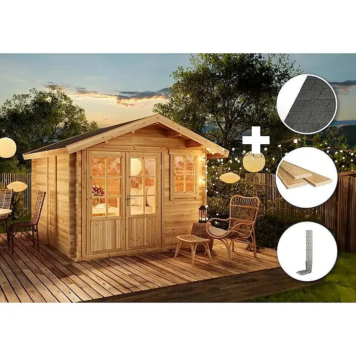 Alpholz Gartenhaus ECO Set Palermo - Außenmaß inkl. Dachüberstand (B x T): 331 x 331 cm, Holz, Naturbelassen - Gartenhaus aus Naturholz auf einer Terrasse, mit Dachschindeln, Holzbrettern und Metallwinkel-Details.