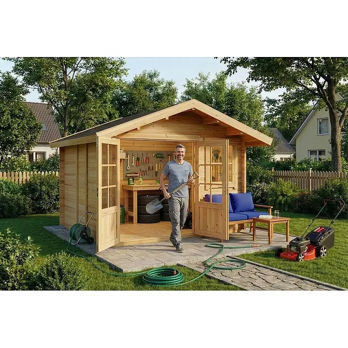 Alpholz Gartenhaus ECO Set Palermo - Außenmaß inkl. Dachüberstand (B x T): 331 x 331 cm, Holz, Naturbelassen - Ein Mann mit Schaufel steht vor einem Gartenhaus aus Naturholz mit Werkbank, Werkzeugen und Sitzbereich.